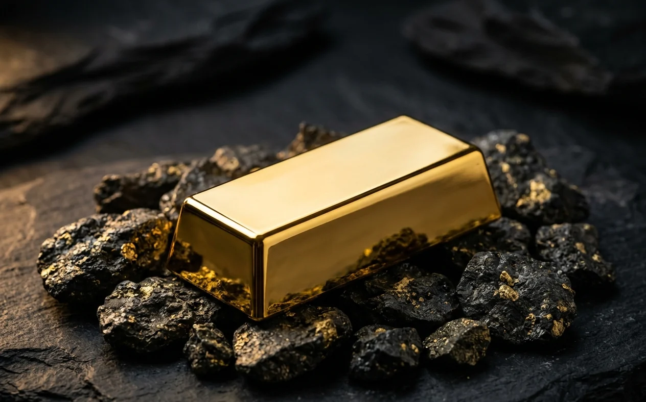 Refined 999.9 fine gold bar on raw gold ore